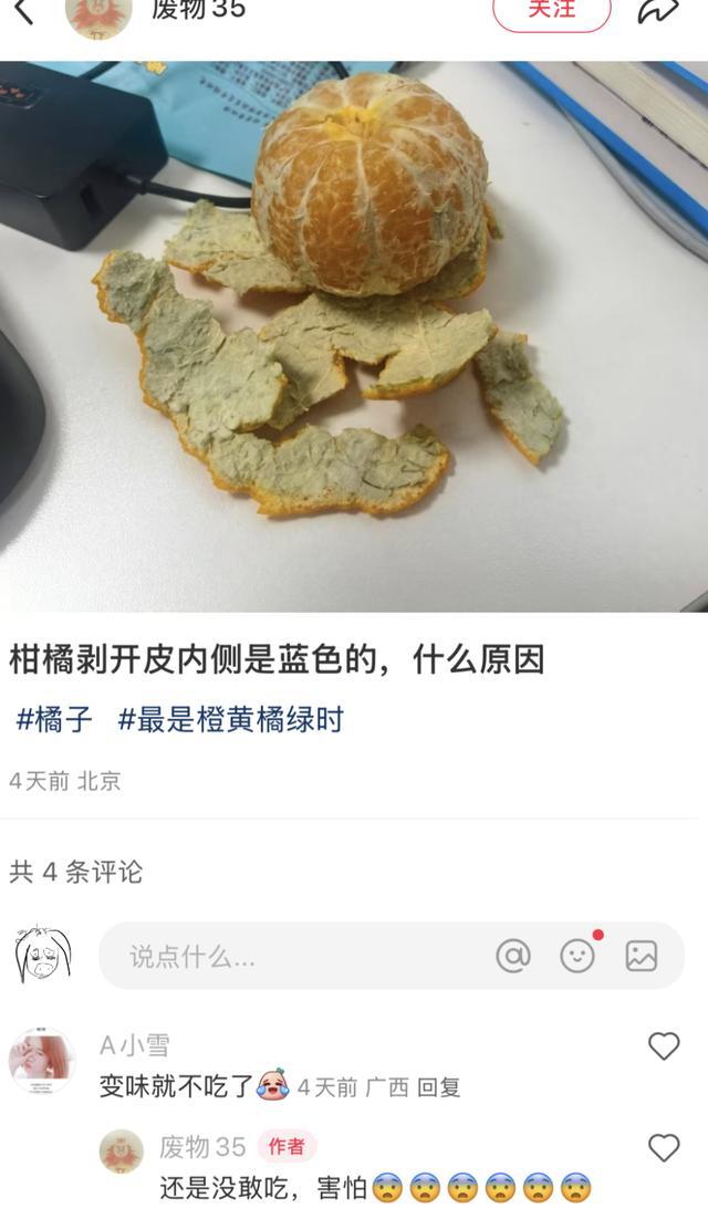 买到的橘子果皮变蓝是发霉了吗?还能吃吗? 买到的橘子果皮变蓝是发霉了吗?还能吃吗?