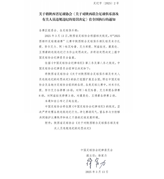足协：12名球员被全国停赛