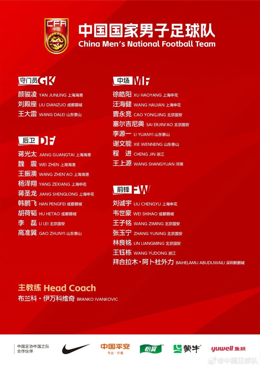 塞尔吉尼奥入选！国足新一期名单公布