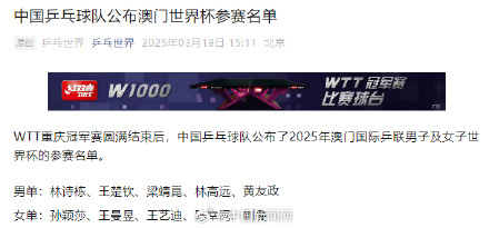 国乒澳门世界杯参赛名单公布 国乒澳门世界杯参赛名单公布