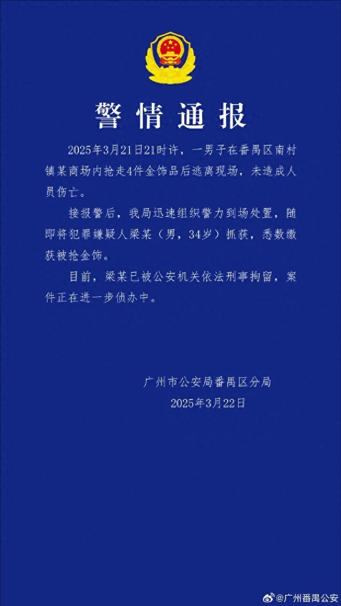 商场内抢走4件金饰后逃离，广东一男子被刑拘