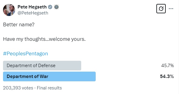美防长在线征集：“战争部”还是“国防部”