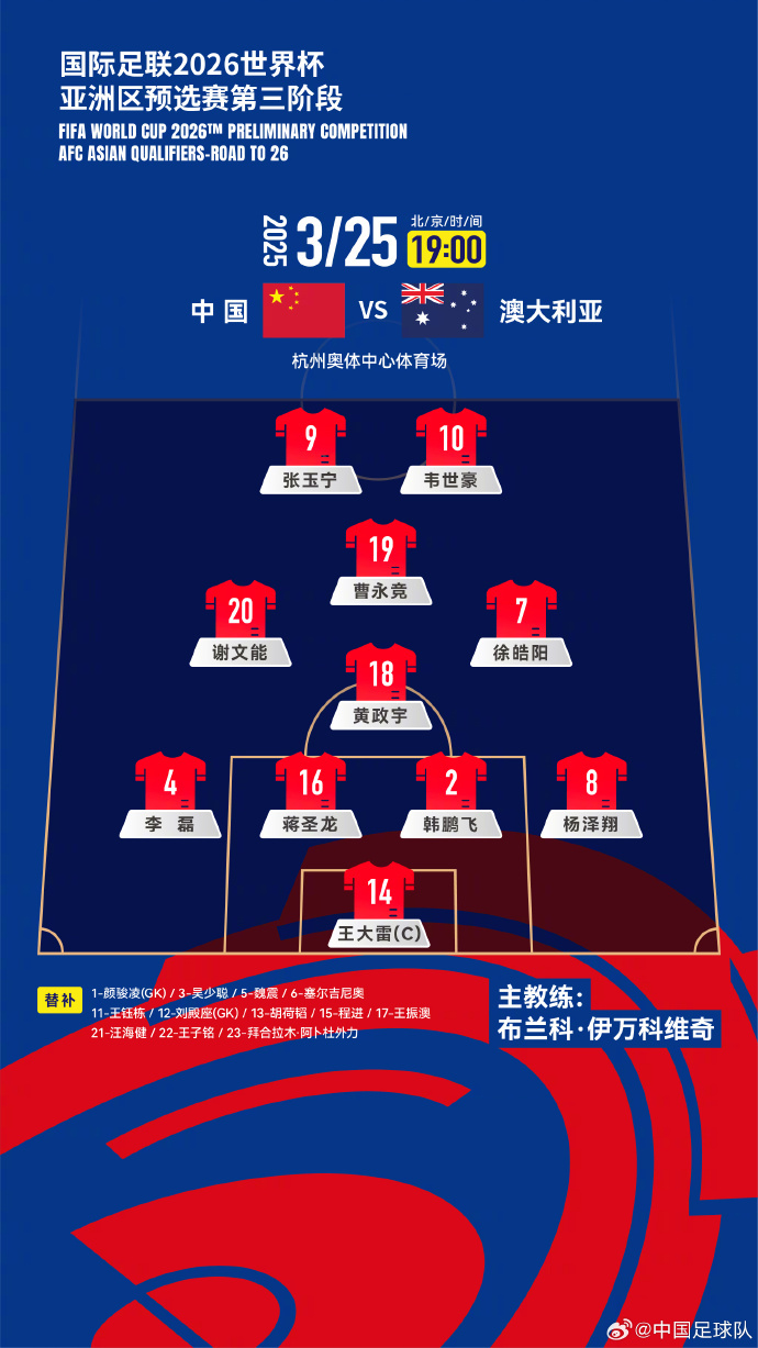 国足对阵澳大利亚队首发公布!张玉宁韦世豪搭档锋线 国足对阵澳大利亚队首发公布!张玉宁韦世豪搭档锋线