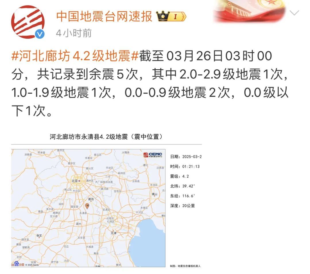 河北廊坊已5次余震，震中距北京55公里！万幸，无伤亡