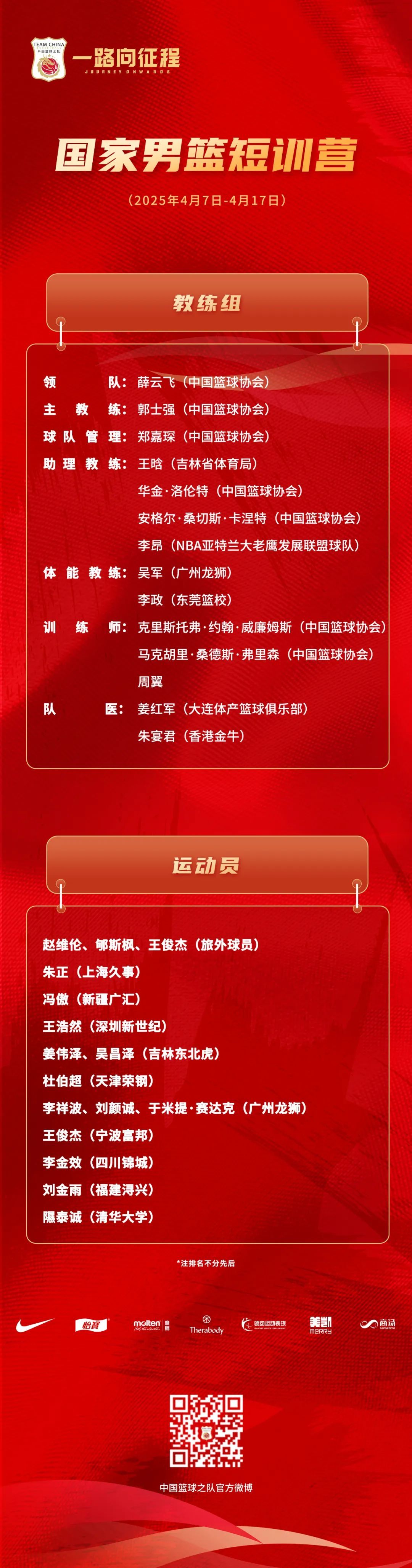 官宣！中国男篮短训营名单公布