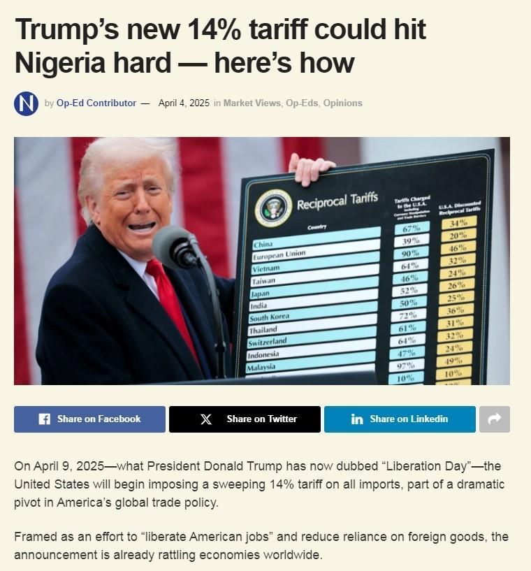 尼日利亚媒体批评特朗普关税政策：阻碍国际贸易