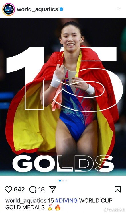 世界泳联祝贺陈芋汐获得第15枚世界杯金牌