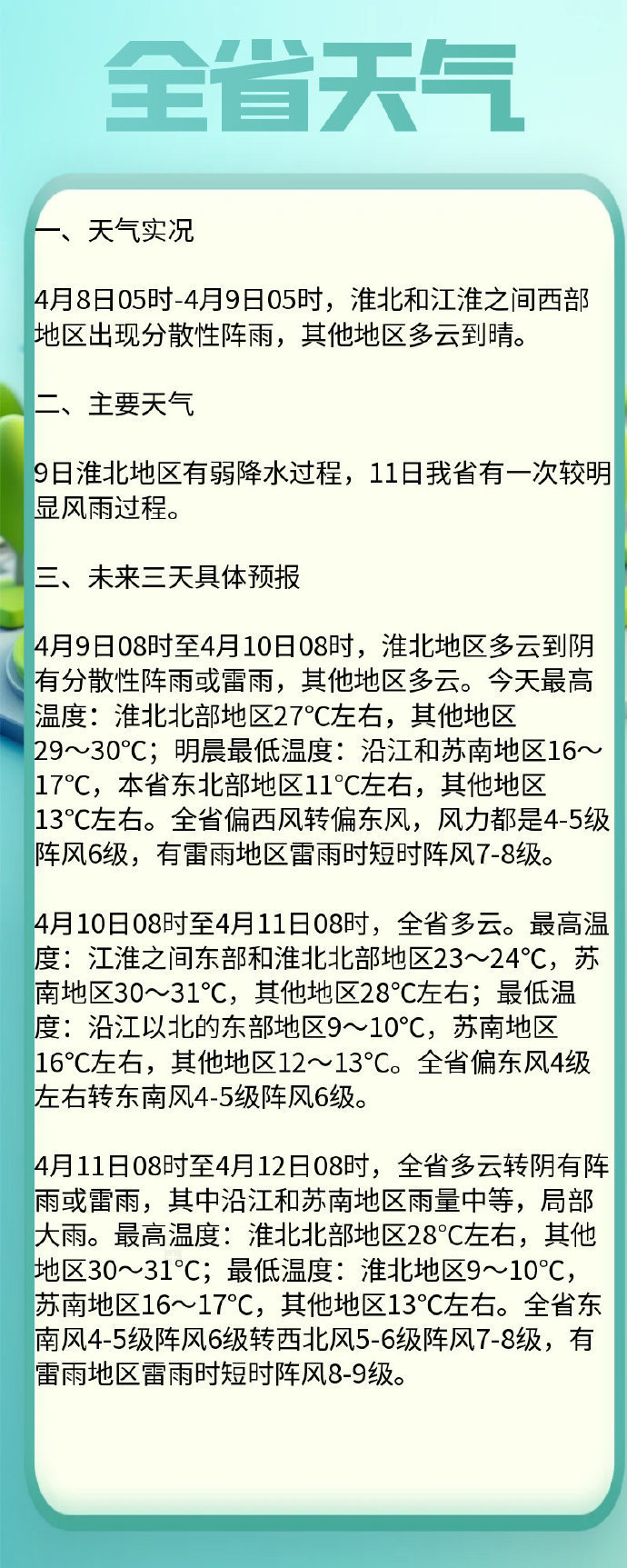 9日淮北地区有弱降水过程，11日江苏有一次较明显风雨过程