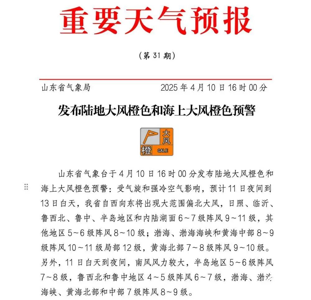 具有极端性！山东发布陆地、海上大风橙色预警 12级风+14℃降温+沙尘+雷阵雨