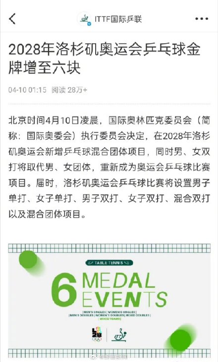 洛杉矶奥运会有乒乓混合团体 洛杉矶奥运会有乒乓混合团体