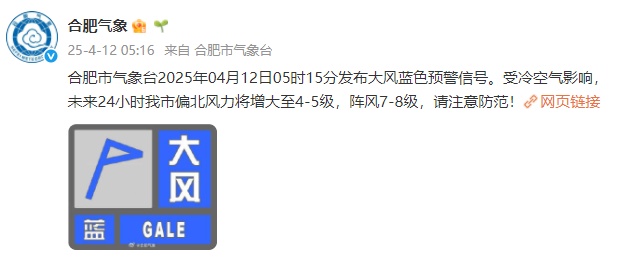 注意！合肥发布大风蓝色预警