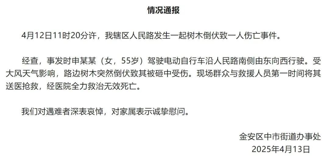 安徽六安大风刮倒树木，女子被砸身亡，官方通报