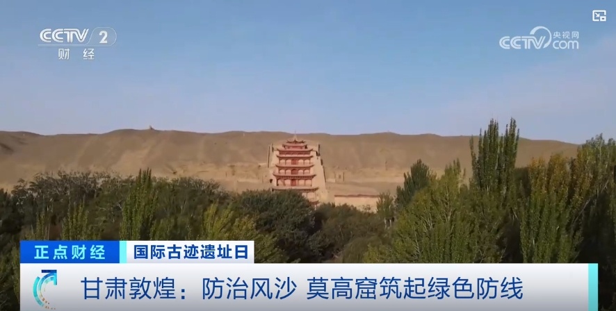 甘肃敦煌:防治风沙 莫高窟筑起绿色防线 甘肃敦煌:防治风沙 莫高窟筑起绿色防线