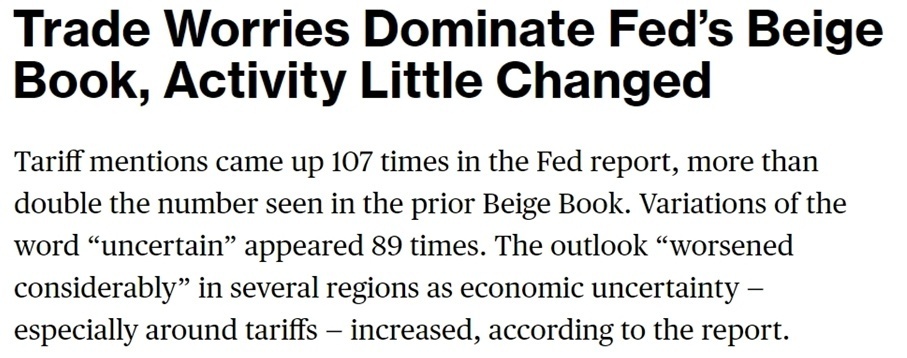 美联储新版“褐皮书”提“关税”107次! 美联储新版“褐皮书”提“关税”107次!