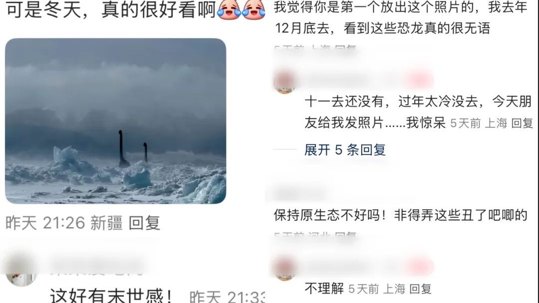 赛里木湖边恐龙模型被移走，曾有网友吐槽丑，景区：冬天结冰设的打卡项目，天热了移走