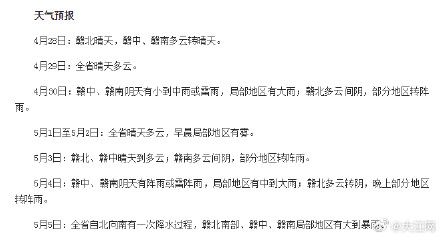 最高温突破“3”字头 “五一”假期江西前晴后雨