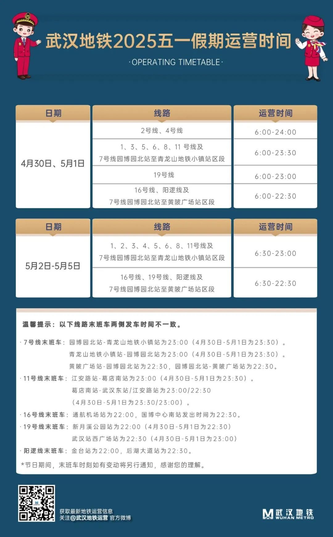 武汉地铁“五一”假期运营时间调整