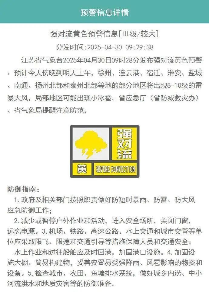 今天傍晚开始!强对流黄色预警!江苏部分地区将出现小冰雹 今天傍晚开始!强对流黄色预警!江苏部分地区将出现小冰雹