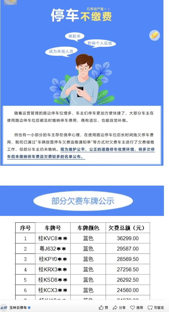 广西一车主拖欠路边停车费36299元!多地停车公司发布欠费名单并将起诉追缴 广西一车主拖欠路边停车费36299元!多地停车公司发布欠费名单并将起诉追缴