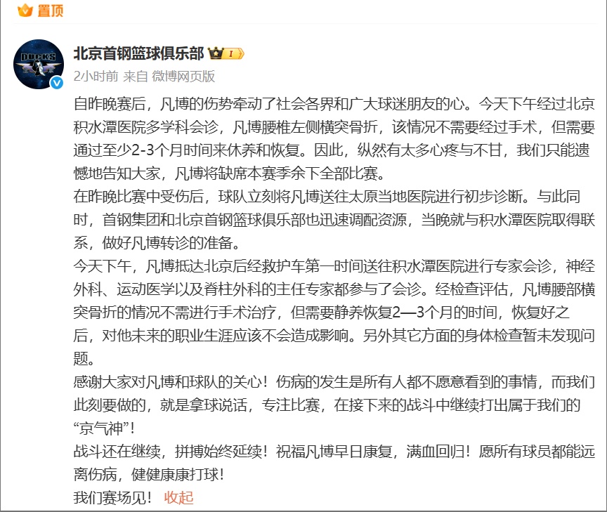 曾凡博腰椎左侧横突骨折 缺席本赛季剩余比赛