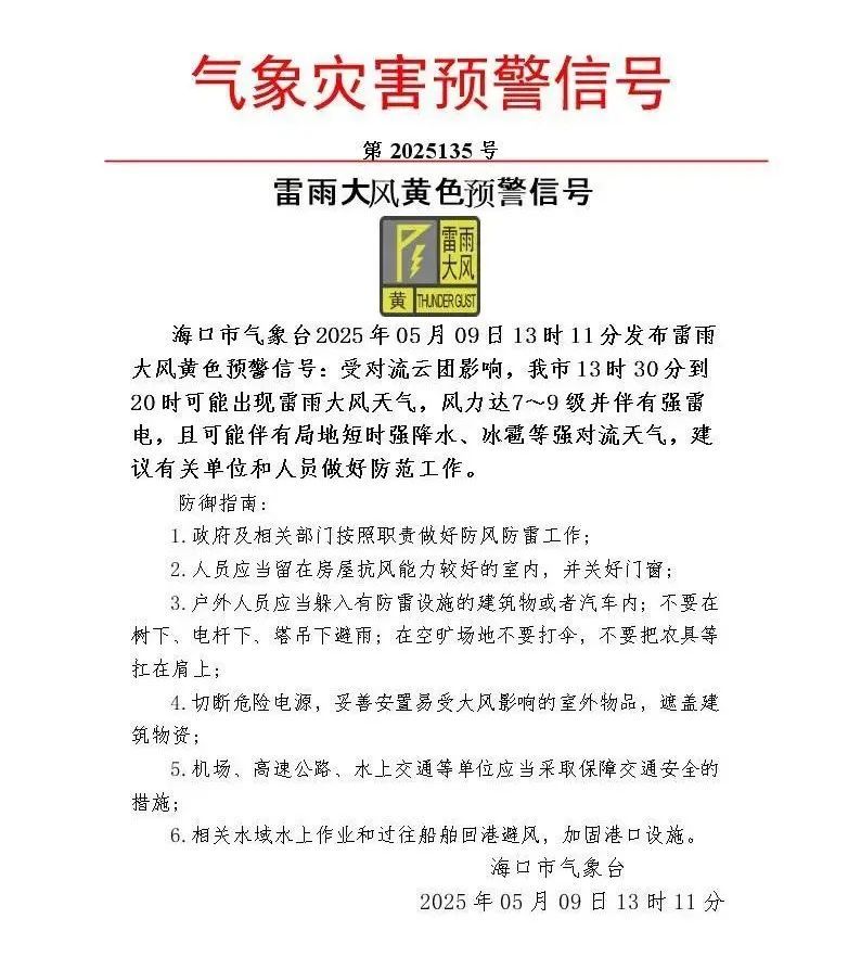 冰雹+雷雨大风+雷电！海口三预警生效中，请注意防范→
