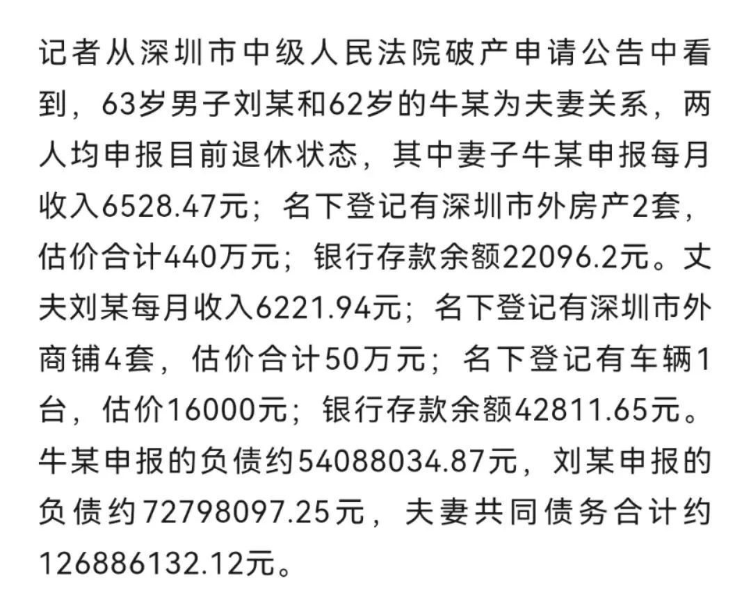 月入1.2万负债1.2亿,深圳一对退休夫妻申请个人破产 月入1.2万负债1.2亿,深圳一对退休夫妻申请个人破产