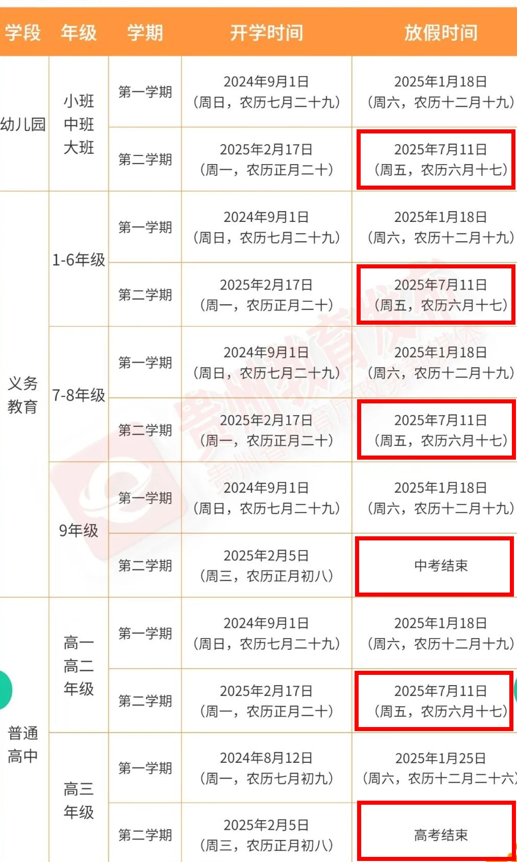 贵州中小学2025暑假放假时间安排→