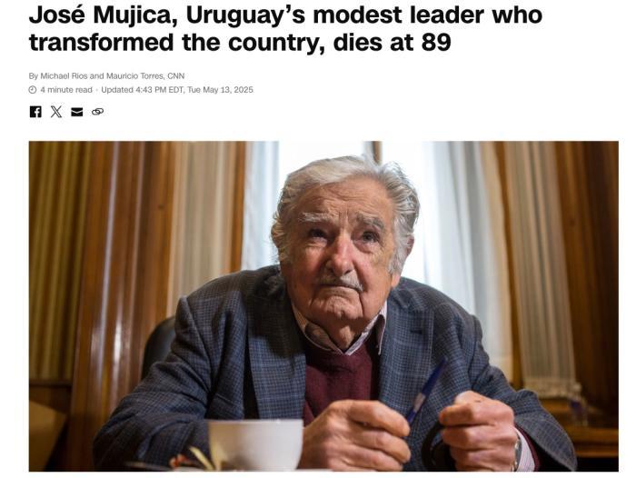 外媒:乌拉圭前总统何塞·穆希卡去世,享年89岁 外媒:乌拉圭前总统何塞·穆希卡去世,享年89岁