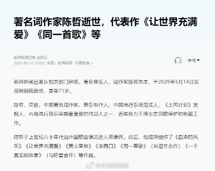 著名音乐人陈哲逝世 著名音乐人陈哲逝世