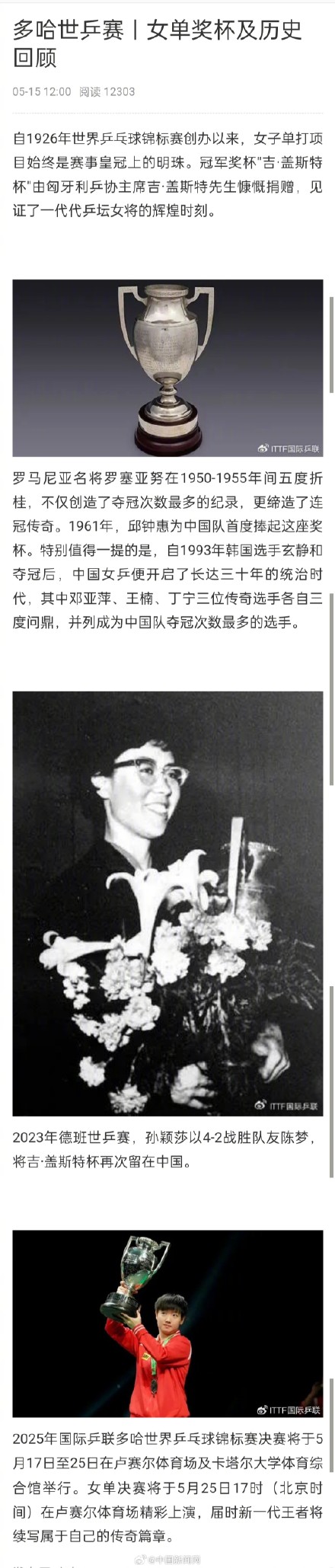 国际乒联回顾世乒赛女单奖杯 国际乒联回顾世乒赛女单奖杯
