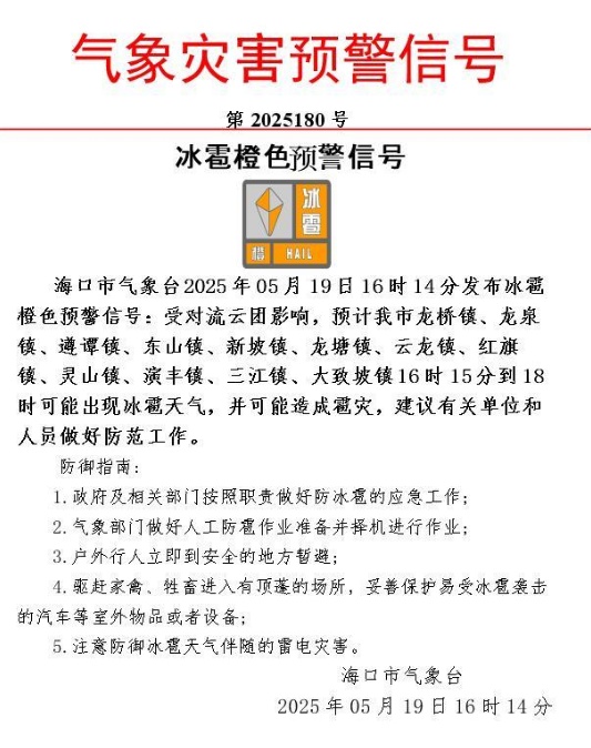 注意！冰雹橙色预警！海口刚刚发布→