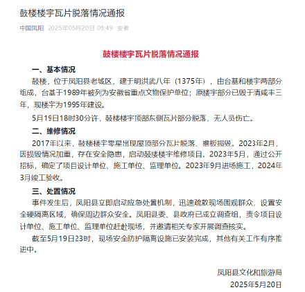 安徽凤阳通报鼓楼瓦片脱落详情