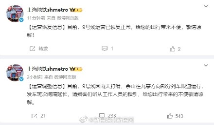 上海地铁9号线因雨天打滑限速运行 目前已恢复运营