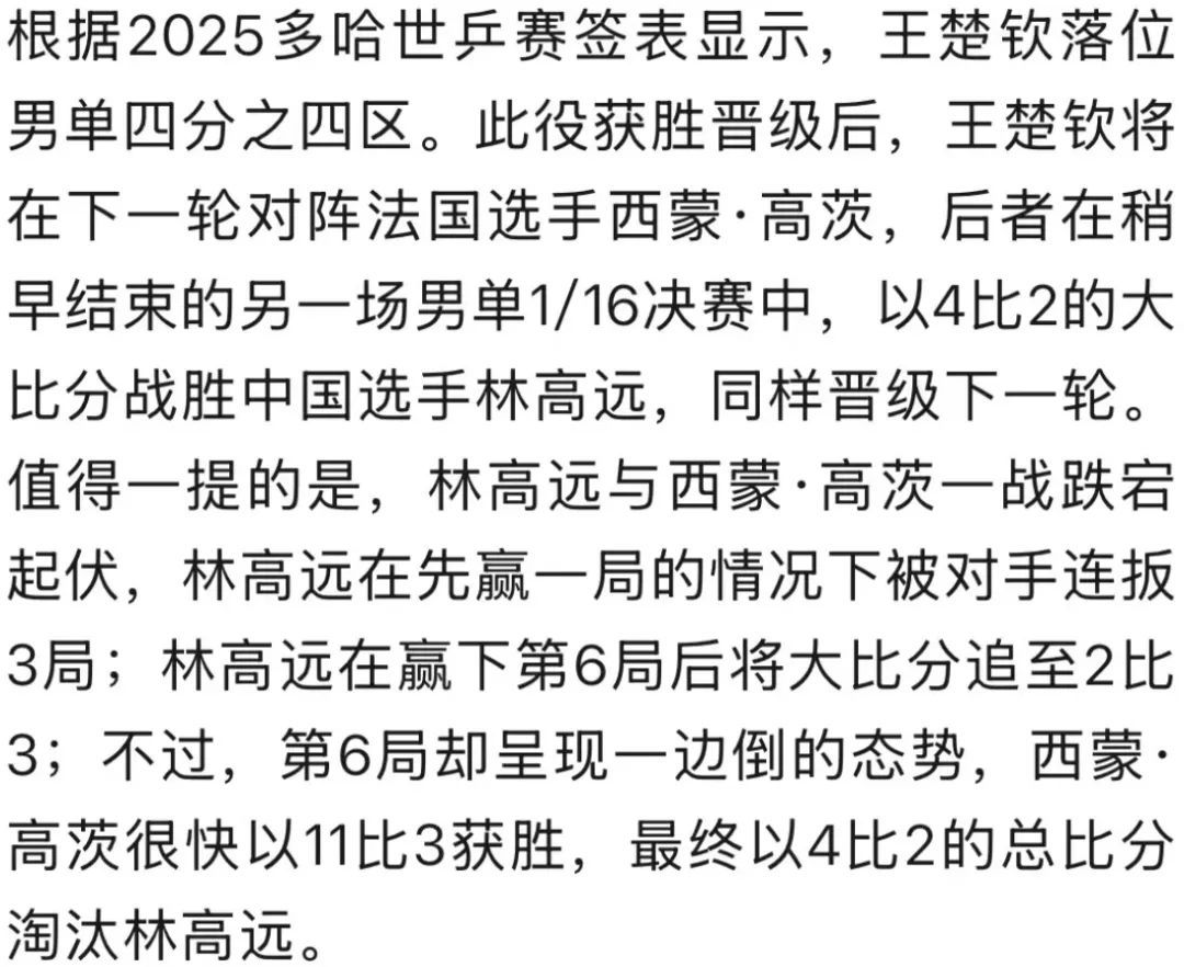 一觉醒来王楚钦顺利晋级，林高远止步男单32强，梁靖崑/黄友政止步男双16强