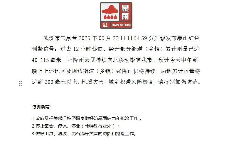 暴雨+雷暴大风！武汉升级发布暴雨红色预警