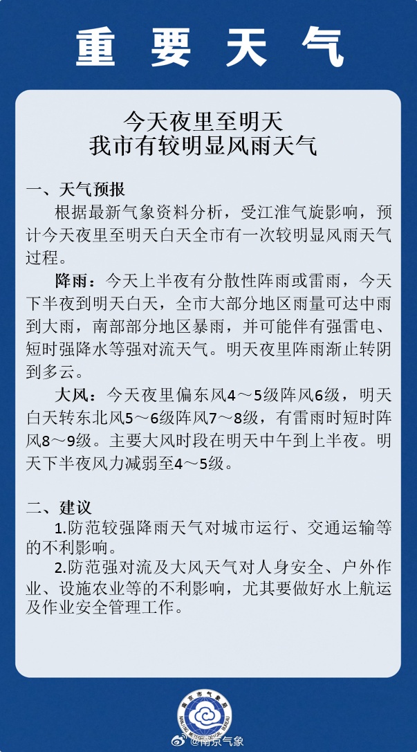 强对流、强雷电！南京市气象台发布重要天气预告