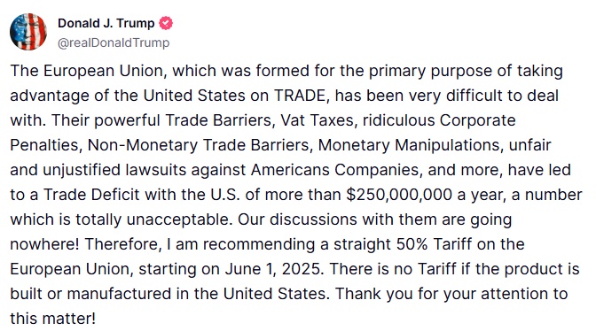 特朗普:建议6月1日起对欧盟征50%的关税 特朗普:建议6月1日起对欧盟征50%的关税