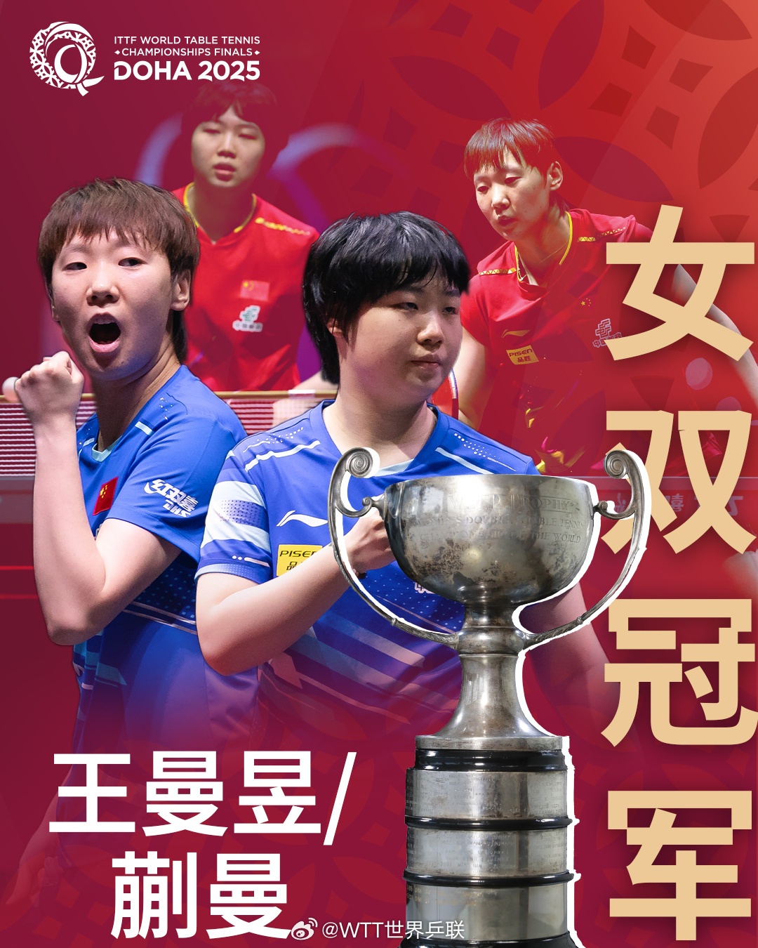王曼昱/蒯曼夺得多哈世乒赛女双冠军,国乒4金收官 王曼昱/蒯曼夺得多哈世乒赛女双冠军,国乒4金收官