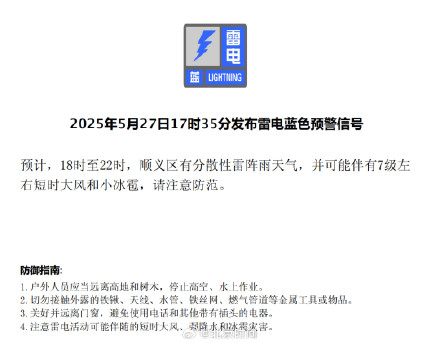 北京四区发布雷电蓝色预警