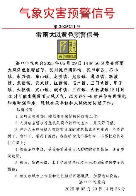 海口发布雷雨大风黄色预警