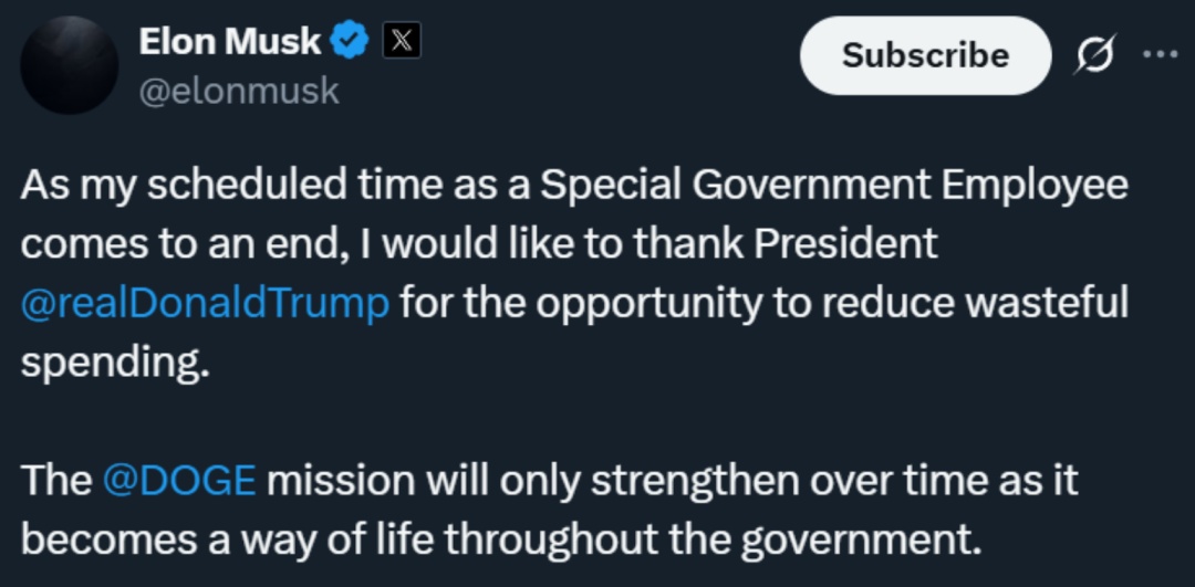 马斯克谈任期将结束:感谢总统给机会 马斯克谈任期将结束:感谢总统给机会