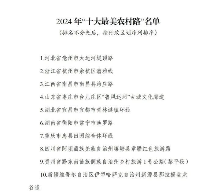 交通运输部公布2024年“十大最美农村路” 交通运输部公布2024年“十大最美农村路”