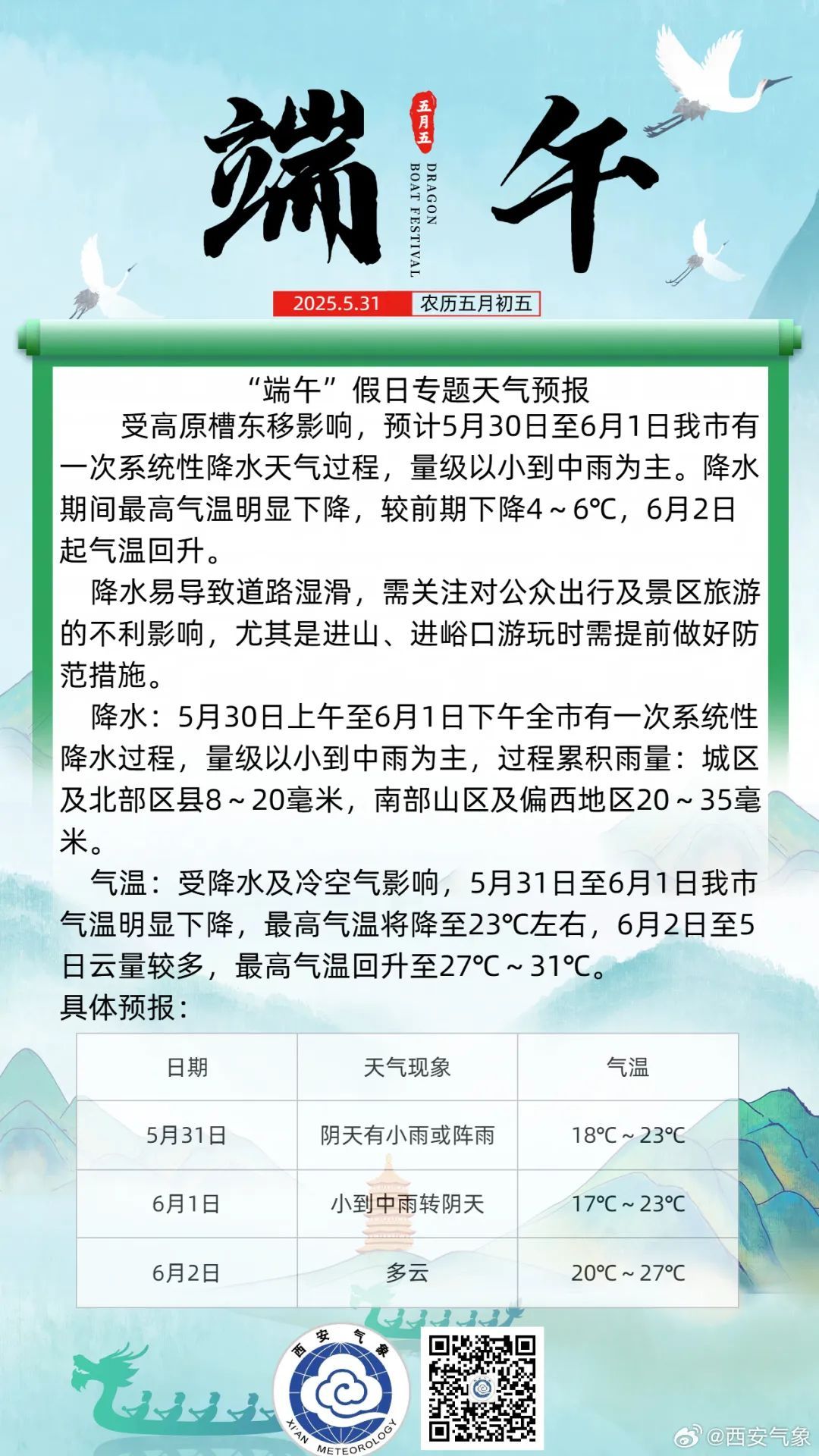 连续3天！暴雨＋降温来袭！端午节西安天气→