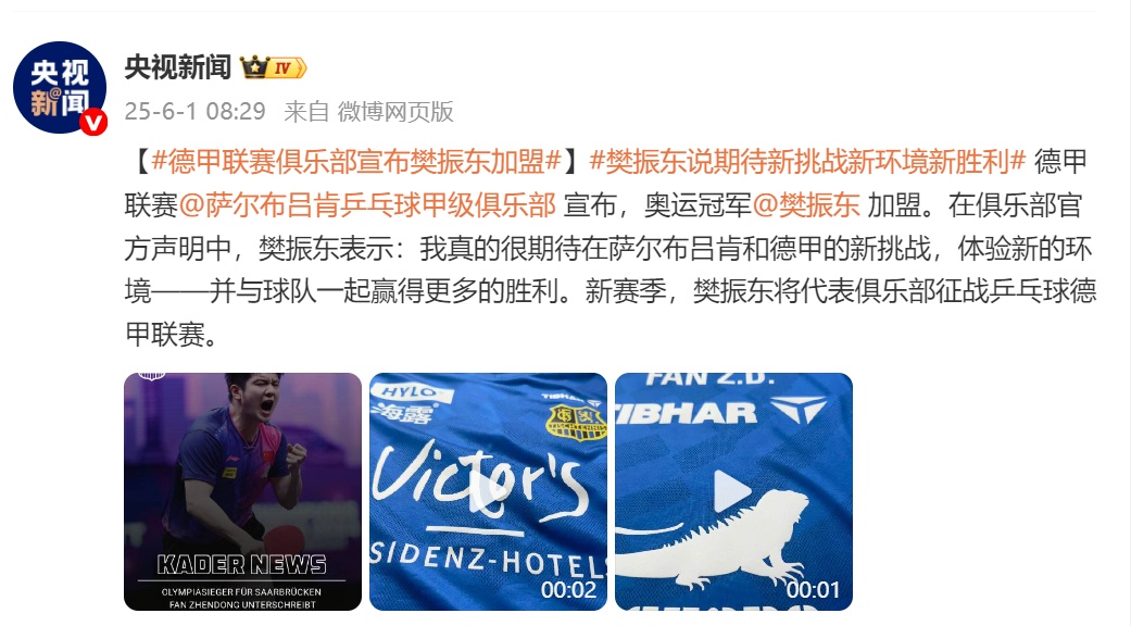 樊振东加盟德甲联赛 樊振东加盟德甲联赛