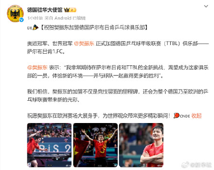 德国驻华大使馆祝愿樊振东在欧洲大展身手