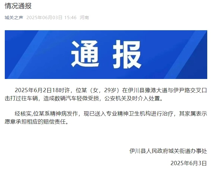 女子当街打砸多辆轿车,最新通报:系精神病发作 女子当街打砸多辆轿车,最新通报:系精神病发作