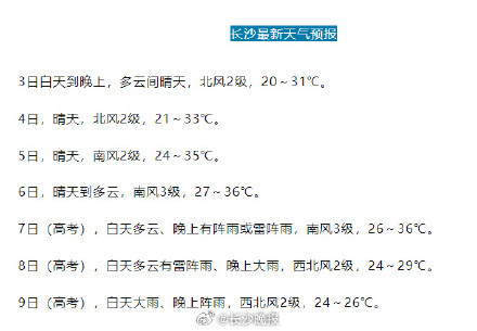 长沙今年高考期间将下雨