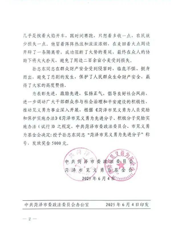 冲进火海抢收麦子,山东大哥孙志东获评菏泽“见义勇为先进分子” 冲进火海抢收麦子,山东大哥孙志东获评菏泽“见义勇为先进分子”