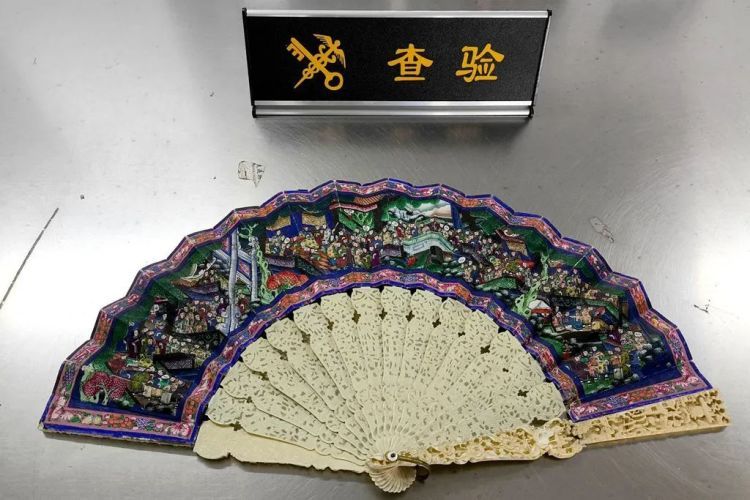 大连邮局海关在进境寄递渠道查获1把象牙折扇 大连邮局海关在进境寄递渠道查获1把象牙折扇