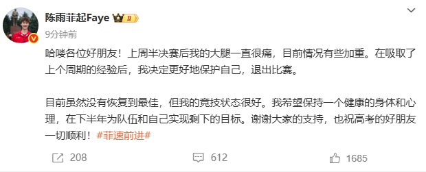 陈雨菲伤情加重,退出印尼公开赛 陈雨菲伤情加重,退出印尼公开赛